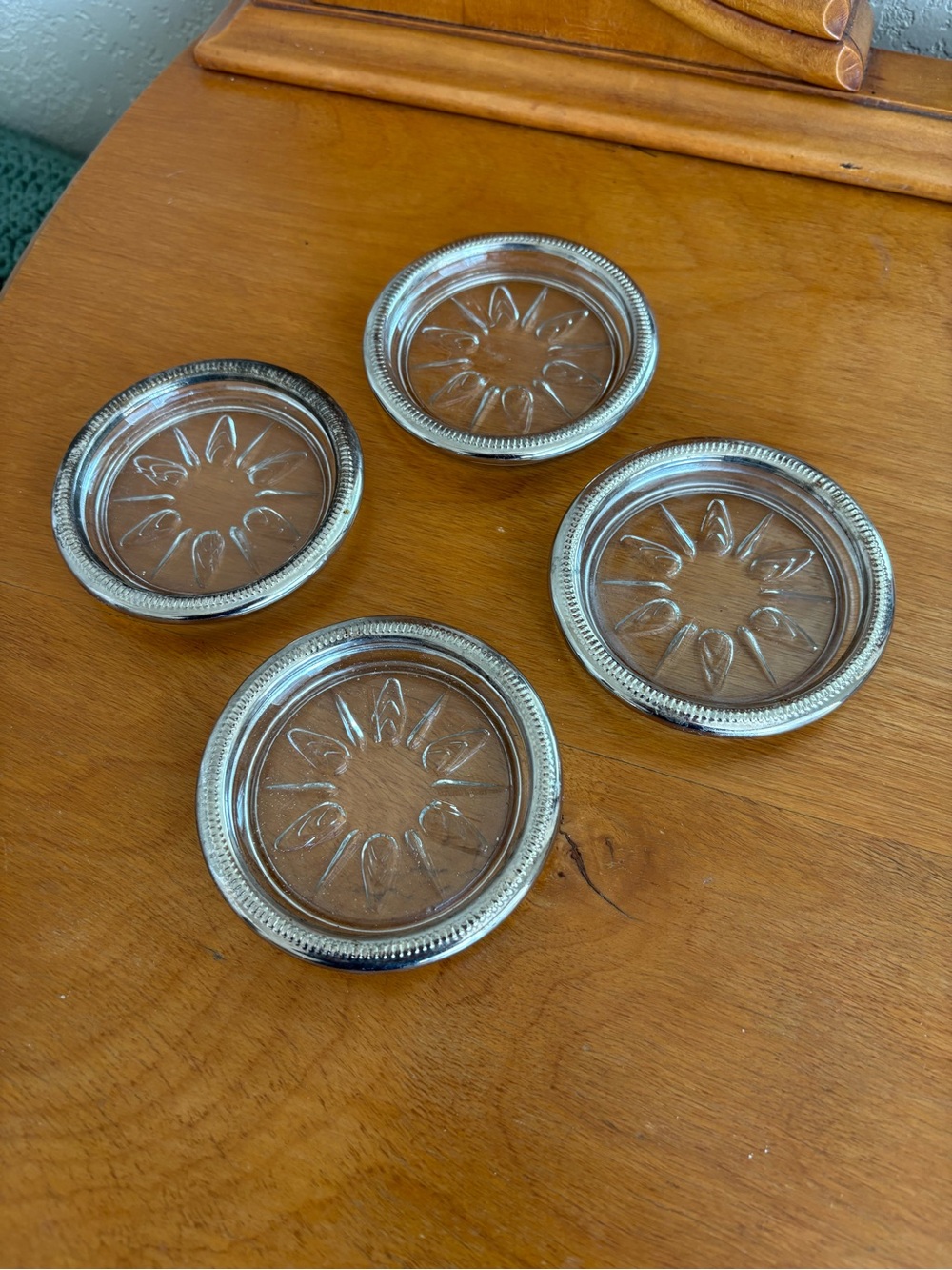 Set of 4 Vintage Glass Coasters with Silver-Tone Rim